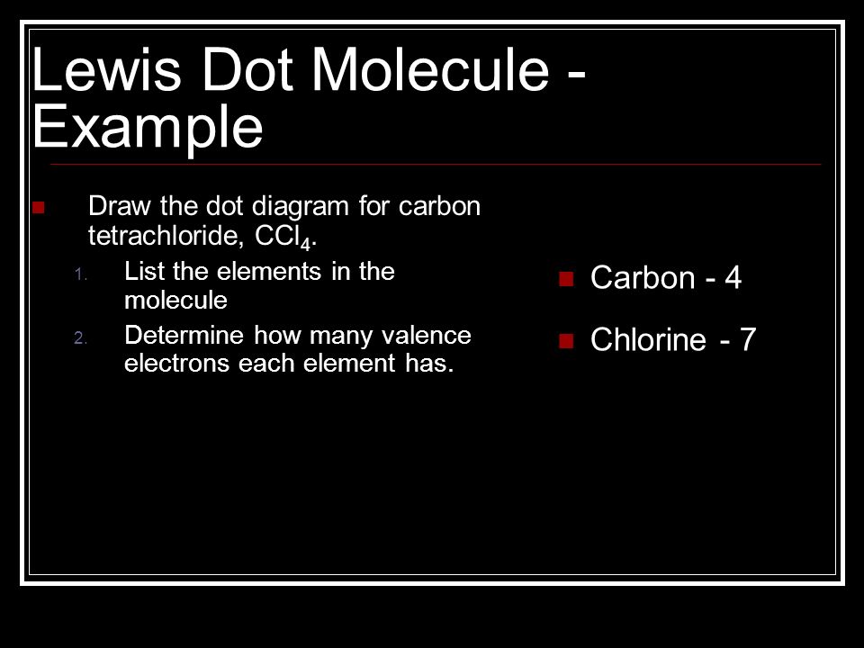 Lewis Dot Molecule - Example Draw the dot diagram for carbon tetrachloride, CCl 4.