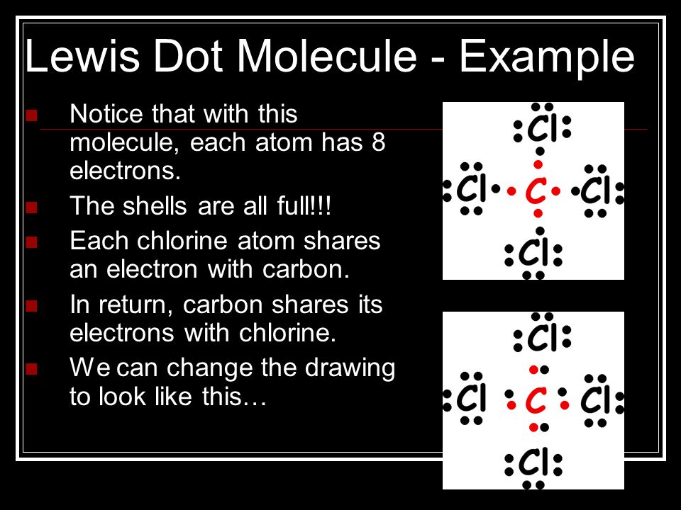 Lewis Dot Molecule - Example Notice that with this molecule, each atom has 8 electrons.