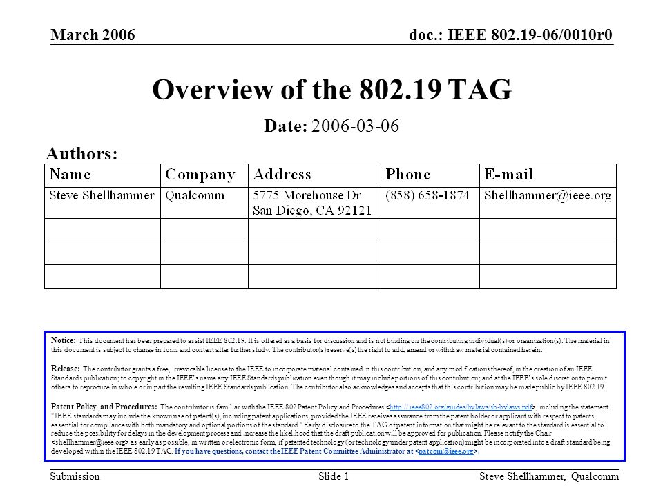 doc.: IEEE /0010r0 Submission March 2006 Steve Shellhammer, QualcommSlide 1 Overview of the TAG Notice: This document has been prepared to assist IEEE