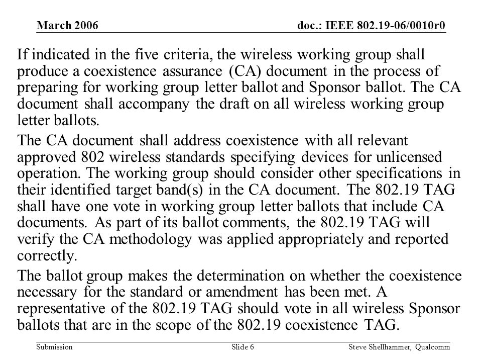 doc.: IEEE /0010r0 Submission March 2006 Steve Shellhammer, QualcommSlide 6 If indicated in the five criteria, the wireless working group shall produce a coexistence assurance (CA) document in the process of preparing for working group letter ballot and Sponsor ballot.