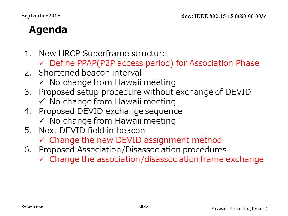 doc.: IEEE e Submission Slide 3 1.New HRCP Superframe structure Define PPAP(P2P access period) for Association Phase 2.Shortened beacon interval No change from Hawaii meeting 3.Proposed setup procedure without exchange of DEVID No change from Hawaii meeting 4.Proposed DEVID exchange sequence No change from Hawaii meeting 5.Next DEVID field in beacon Change the new DEVID assignment method 6.Proposed Association/Disassociation procedures Change the association/disassociation frame exchange Kiyoshi Toshimitsu(Toshiba) Agenda September 2015