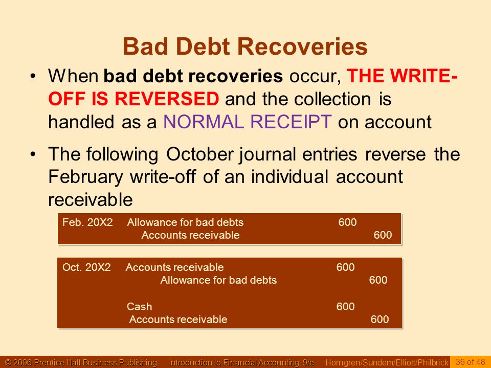 © 2006 Prentice Hall Business Publishing Introduction to Financial Accounting, 9/e © 2006 Prentice Hall Business Publishing Introduction to Financial Accounting, 9/e Horngren/Sundem/Elliott/Philbrick 36 of 48 Bad Debt Recoveries When bad debt recoveries occur, THE WRITE- OFF IS REVERSED and the collection is handled as a NORMAL RECEIPT on account The following October journal entries reverse the February write-off of an individual account receivable Feb.