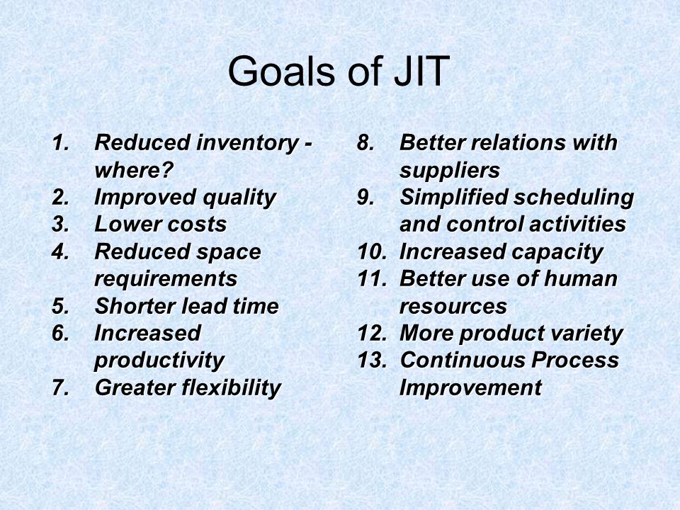 Goals of JIT 1.Reduced inventory - where.