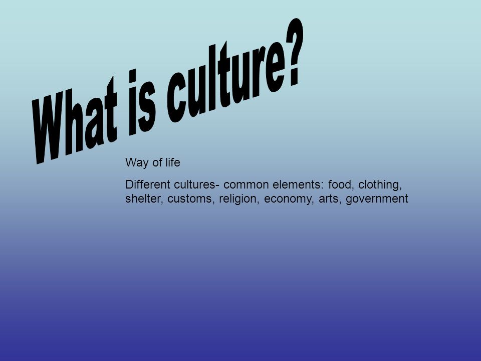 Way of life Different cultures- common elements: food, clothing ...