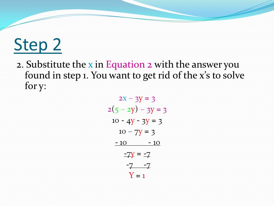 Step 2 2. Substitute the x in Equation 2 with the answer you found in step 1.