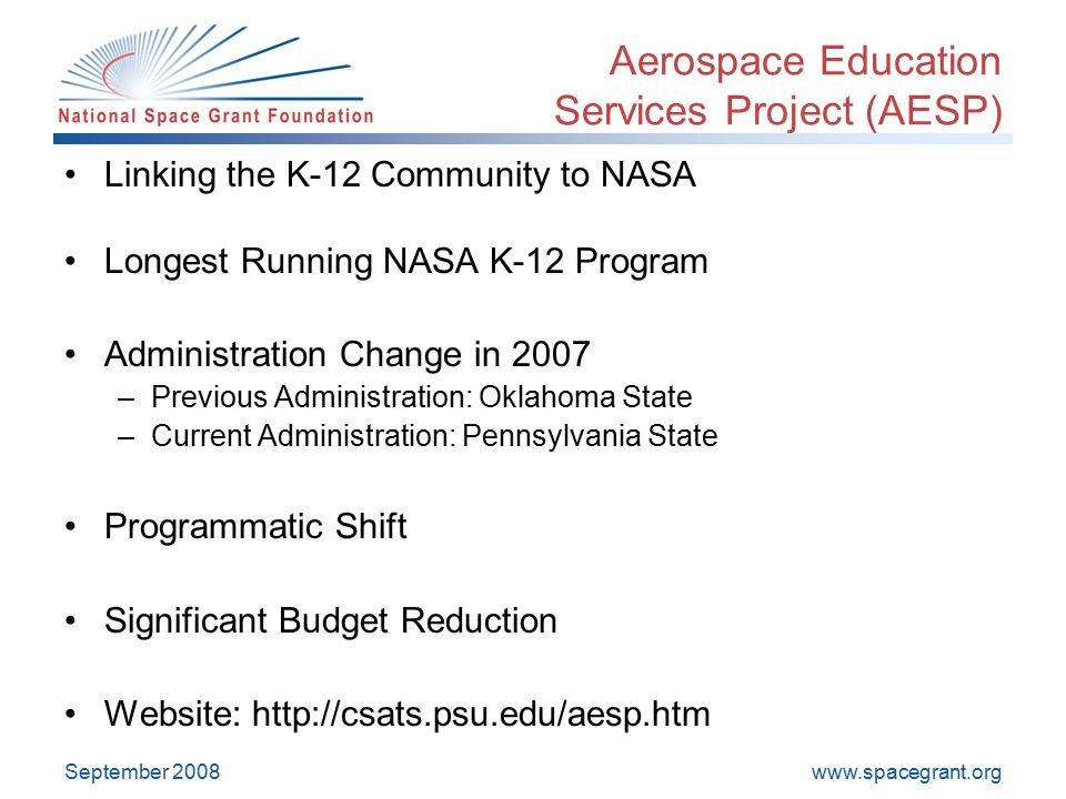 September 2008 Aerospace Education Services Project (AESP) Linking the K-12 Community to NASA Longest Running NASA K-12 Program Administration Change in 2007 –Previous Administration: Oklahoma State –Current Administration: Pennsylvania State Programmatic Shift Significant Budget Reduction Website: