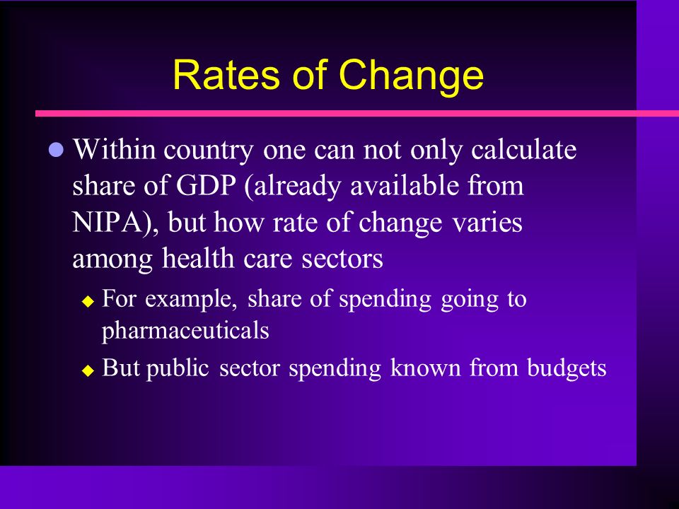 Rates of Change l Within country one can not only calculate share of GDP (already available from NIPA), but how rate of change varies among health care sectors  For example, share of spending going to pharmaceuticals  But public sector spending known from budgets