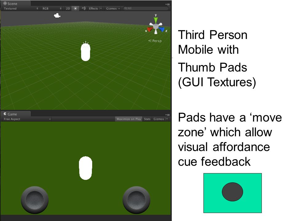 UFCFX5-15-3Mobile Device Development Third Person Mobile with Thumb Pads (GUI Textures) Pads have a ‘move zone’ which allow visual affordance cue feedback