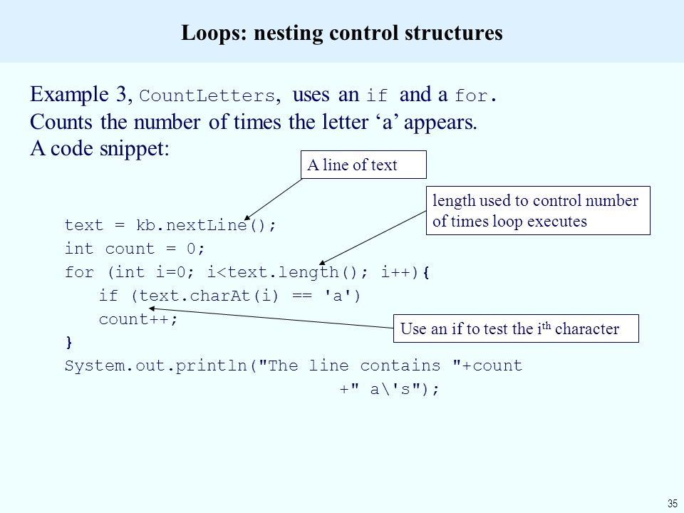 35 Loops: nesting control structures Example 3, CountLetters, uses an if and a for.