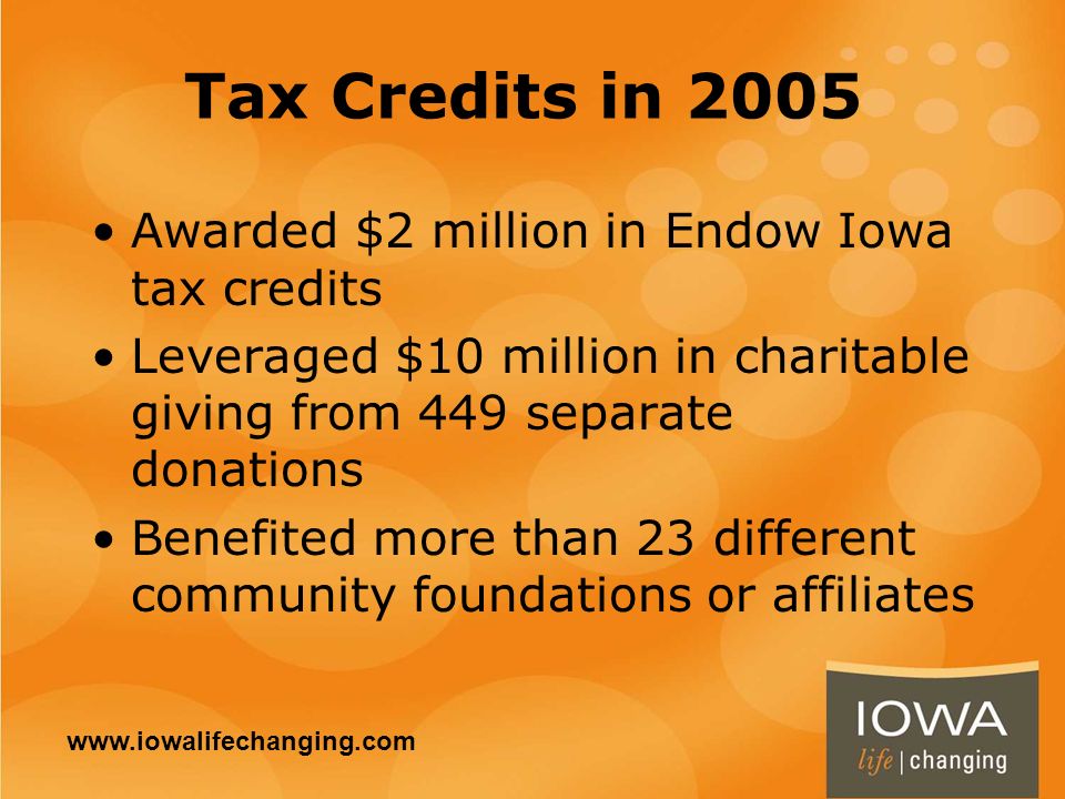Tax Credits in 2005 Awarded $2 million in Endow Iowa tax credits Leveraged $10 million in charitable giving from 449 separate donations Benefited more than 23 different community foundations or affiliates