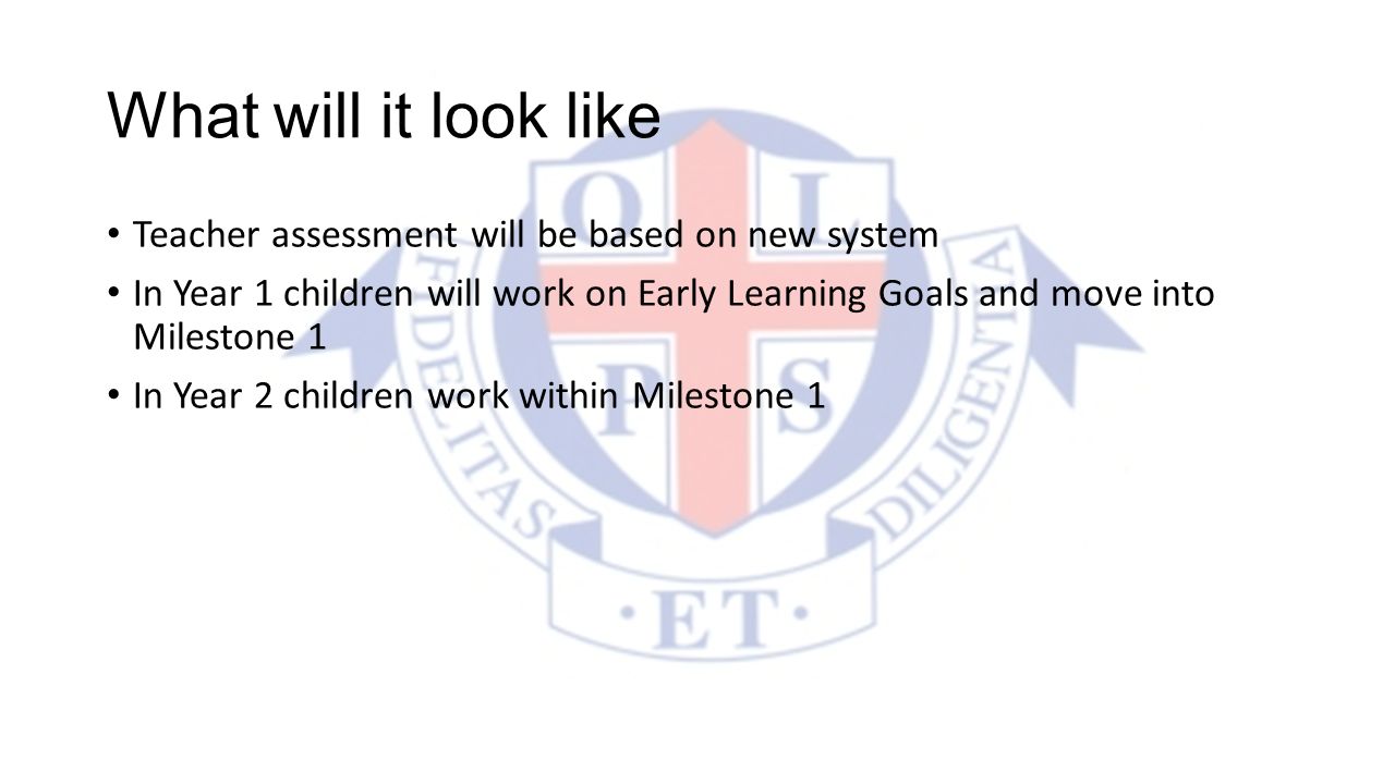 What will it look like Teacher assessment will be based on new system In Year 1 children will work on Early Learning Goals and move into Milestone 1 In Year 2 children work within Milestone 1