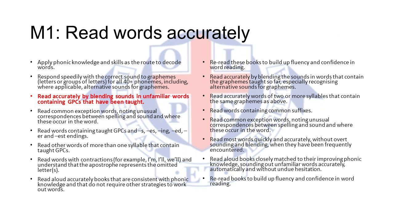M1: Read words accurately Apply phonic knowledge and skills as the route to decode words.
