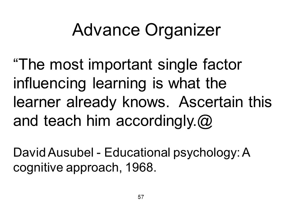 57 Advance Organizer The most important single factor influencing learning is what the learner already knows.