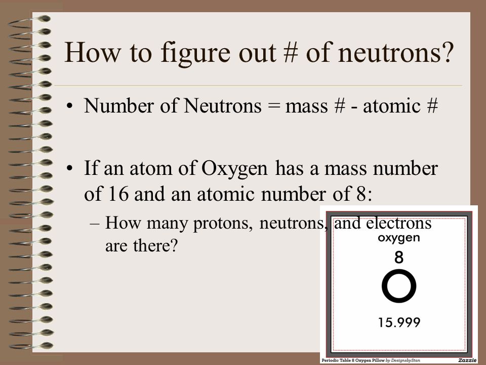Number of Neutrons = mass # - atomic # If an atom of Oxygen has a mass number of 16 and an atomic number of 8: –How many protons, neutrons, and electrons are there.