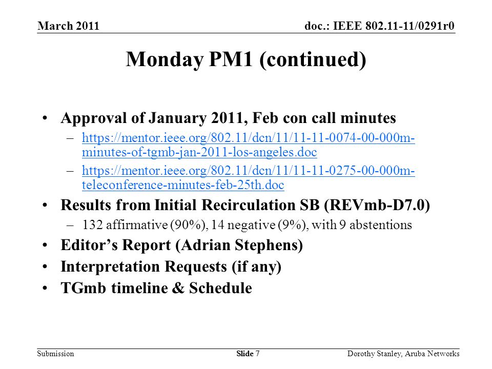 doc.: IEEE /0291r0 Submission March 2011 Dorothy Stanley, Aruba NetworksSlide 7 Monday PM1 (continued) Approval of January 2011, Feb con call minutes –  minutes-of-tgmb-jan-2011-los-angeles.dochttps://mentor.ieee.org/802.11/dcn/11/ m- minutes-of-tgmb-jan-2011-los-angeles.doc –  teleconference-minutes-feb-25th.dochttps://mentor.ieee.org/802.11/dcn/11/ m- teleconference-minutes-feb-25th.doc Results from Initial Recirculation SB (REVmb-D7.0) –132 affirmative (90%), 14 negative (9%), with 9 abstentions Editor’s Report (Adrian Stephens) Interpretation Requests (if any) TGmb timeline & Schedule