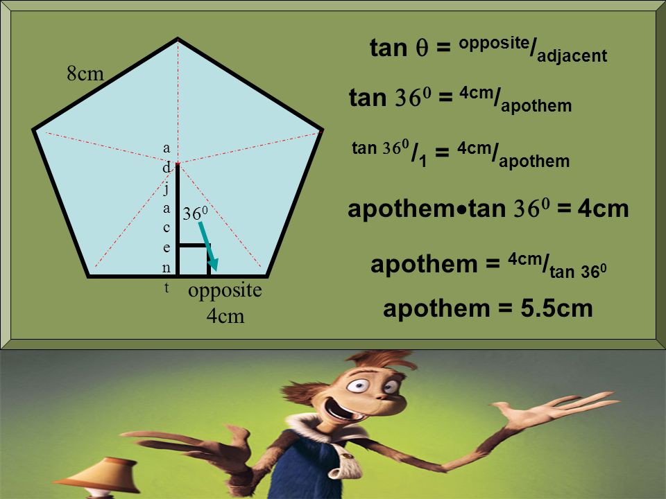Since we have a right triangle, we can use trigonometry to find the apothem.