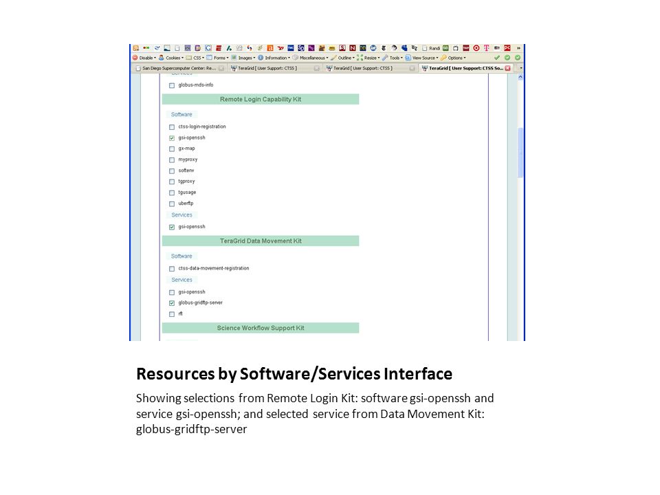 Resources by Software/Services Interface Showing selections from Remote Login Kit: software gsi-openssh and service gsi-openssh; and selected service from Data Movement Kit: globus-gridftp-server