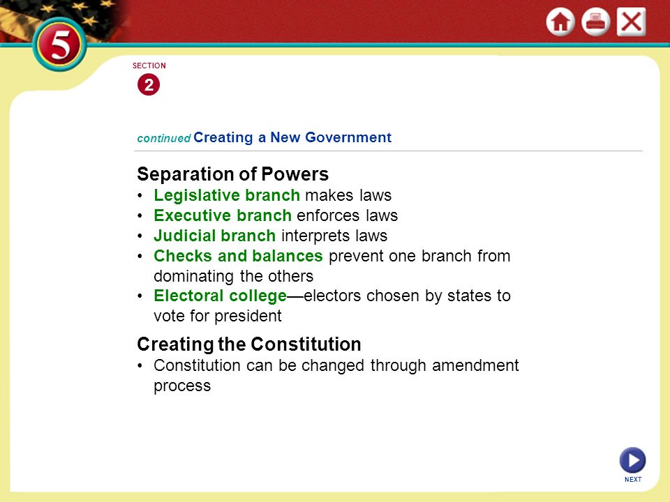 NEXT continued Creating a New Government Separation of Powers Legislative branch makes laws Executive branch enforces laws Judicial branch interprets laws Checks and balances prevent one branch from dominating the others Electoral college—electors chosen by states to vote for president 2 SECTION Creating the Constitution Constitution can be changed through amendment process