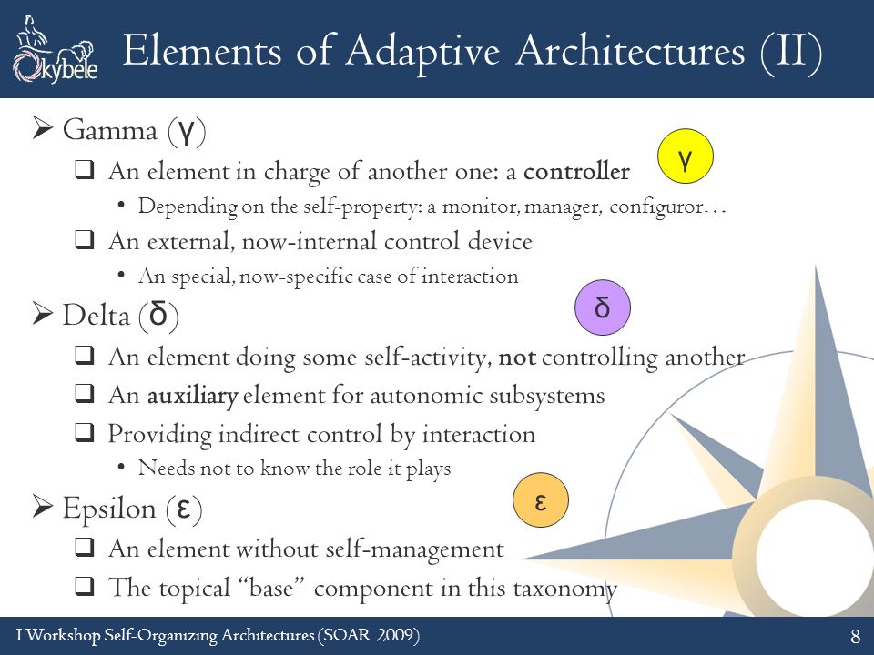 I Workshop Self-Organizing Architectures (SOAR 2009) 8 Elements of Adaptive Architectures (II)  Gamma ( γ )  An element in charge of another one: a controller Depending on the self-property: a monitor, manager, configuror…  An external, now-internal control device An special, now-specific case of interaction  Delta ( δ )  An element doing some self-activity, not controlling another  An auxiliary element for autonomic subsystems  Providing indirect control by interaction Needs not to know the role it plays  Epsilon ( ε )  An element without self-management  The topical base component in this taxonomy ε γ δ