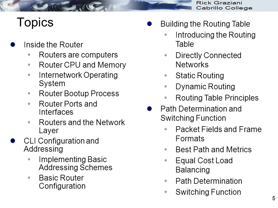 5 Topics Inside the Router  Routers are computers  Router CPU and Memory  Internetwork Operating System  Router Bootup Process  Router Ports and Interfaces  Routers and the Network Layer CLI Configuration and Addressing  Implementing Basic Addressing Schemes  Basic Router Configuration Building the Routing Table  Introducing the Routing Table  Directly Connected Networks  Static Routing  Dynamic Routing  Routing Table Principles Path Determination and Switching Function  Packet Fields and Frame Formats  Best Path and Metrics  Equal Cost Load Balancing  Path Determination  Switching Function