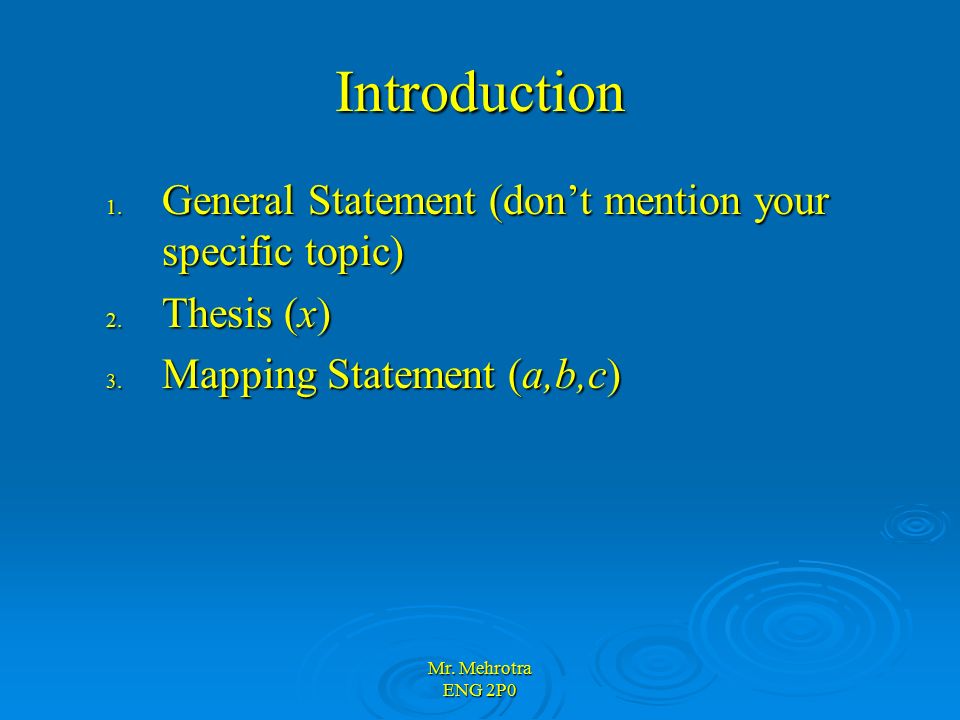 Mr. Mehrotra ENG 2P0 Introduction 1. General Statement (don’t mention your specific topic) 2.