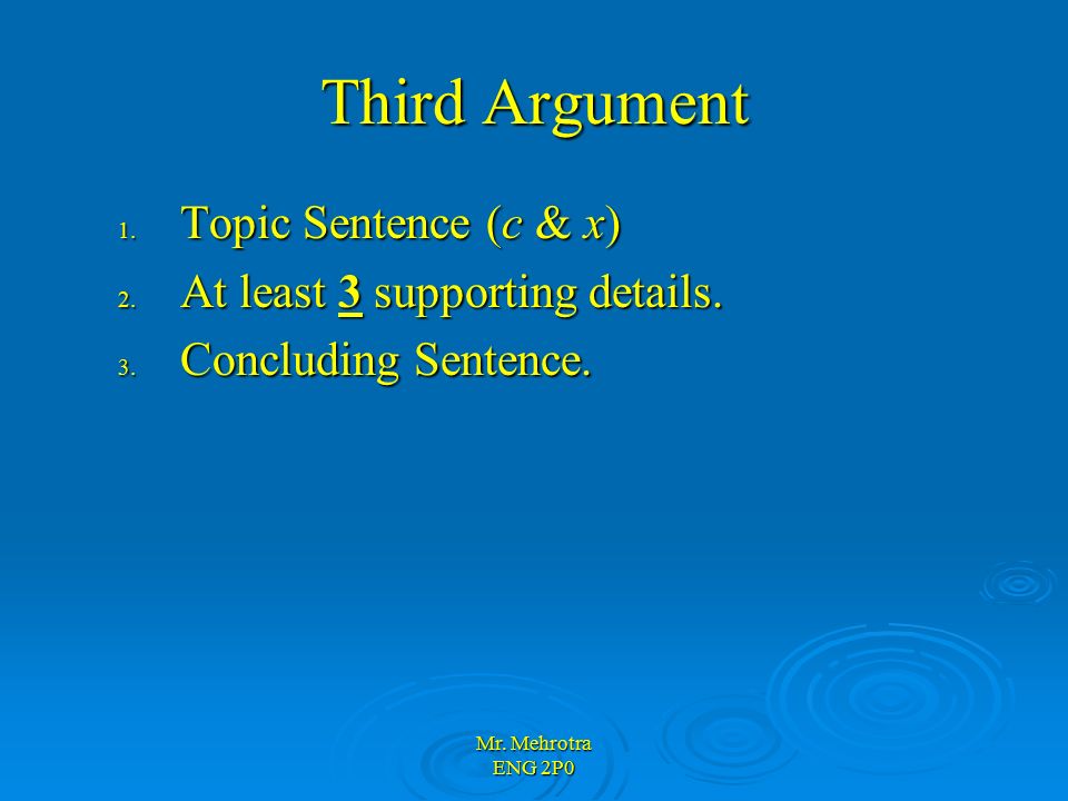 Mr. Mehrotra ENG 2P0 Third Argument 1. Topic Sentence (c & x) 2.