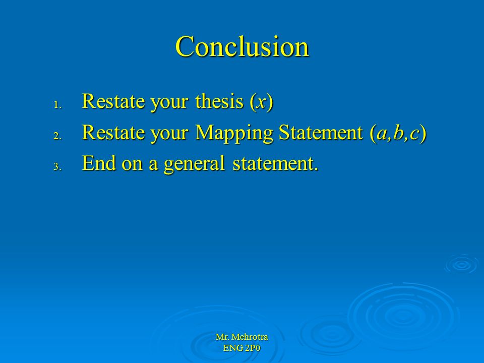 Mr. Mehrotra ENG 2P0 Conclusion 1. Restate your thesis (x) 2.