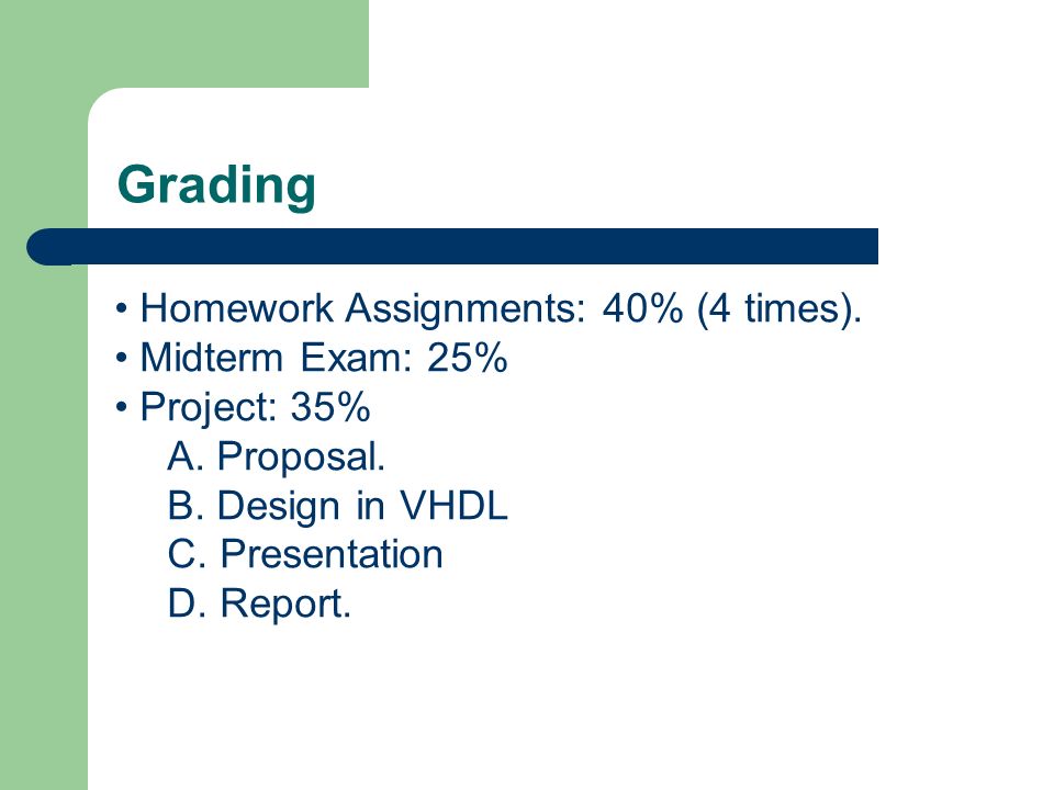 Grading Homework Assignments: 40% (4 times). Midterm Exam: 25% Project: 35% A.