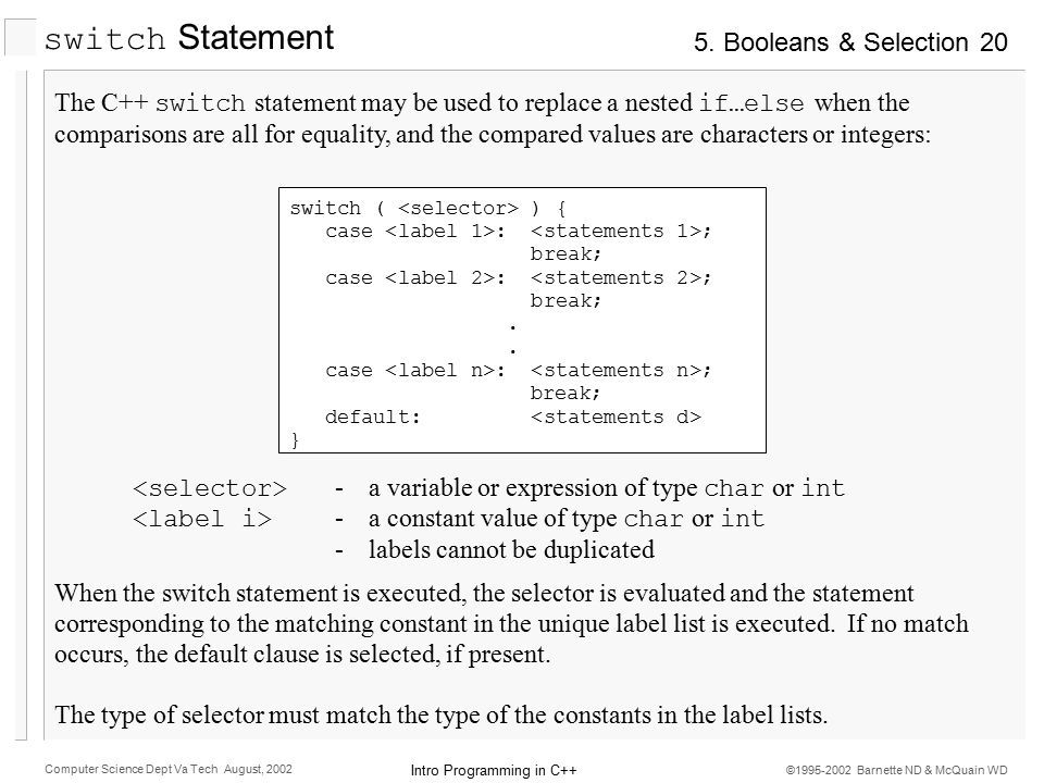 5. Booleans & Selection Intro Programming in C++ Computer Science Dept ...