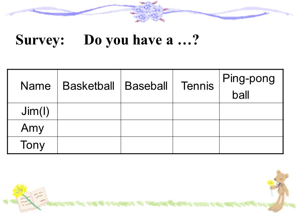 NameBasketballBaseball Tennis Ping-pong ball Jim(I) Amy Tony Survey: Do you have a …