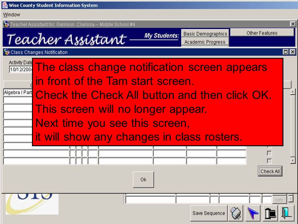 The class change notification screen appears in front of the Tam start screen.