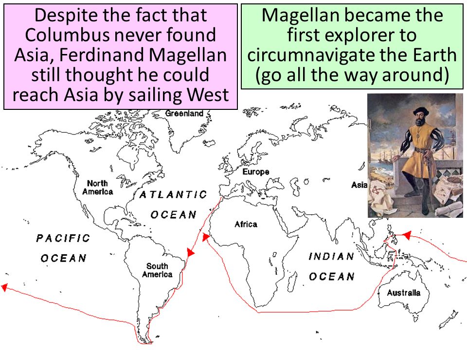 Despite the fact that Columbus never found Asia, Ferdinand Magellan still thought he could reach Asia by sailing West Magellan became the first explorer to circumnavigate the Earth (go all the way around)