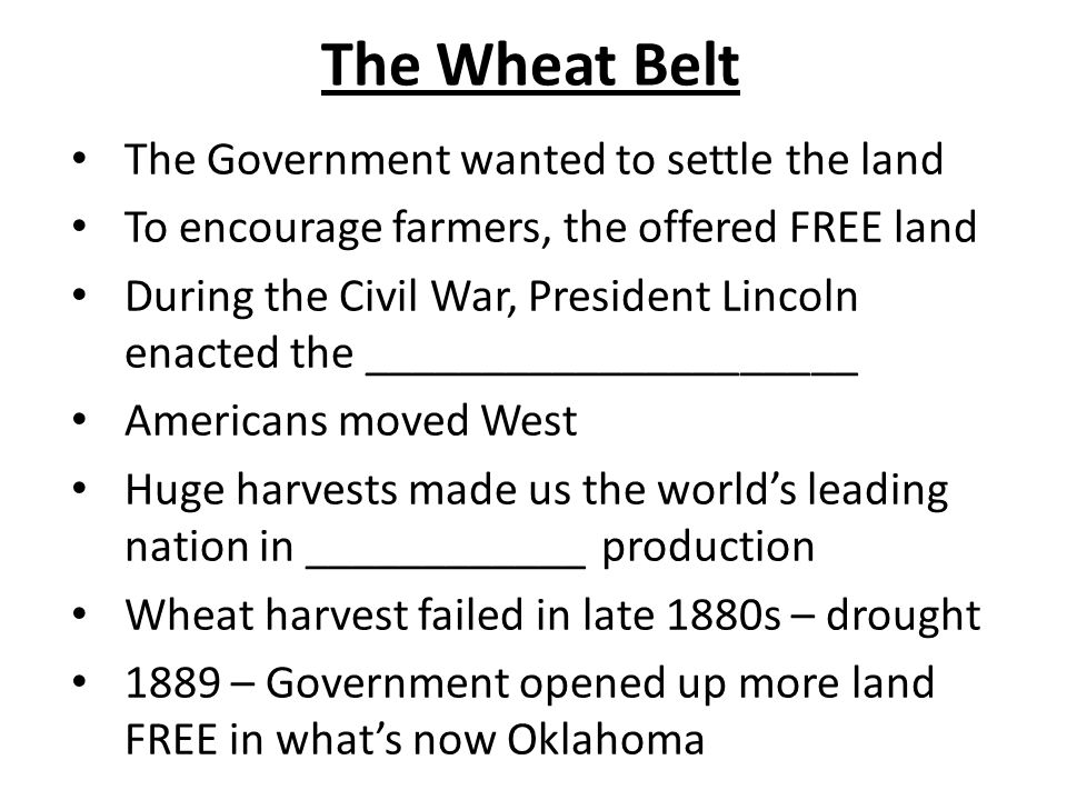 The Wheat Belt The Government wanted to settle the land To encourage farmers, the offered FREE land During the Civil War, President Lincoln enacted the _____________________ Americans moved West Huge harvests made us the world’s leading nation in ____________ production Wheat harvest failed in late 1880s – drought 1889 – Government opened up more land FREE in what’s now Oklahoma