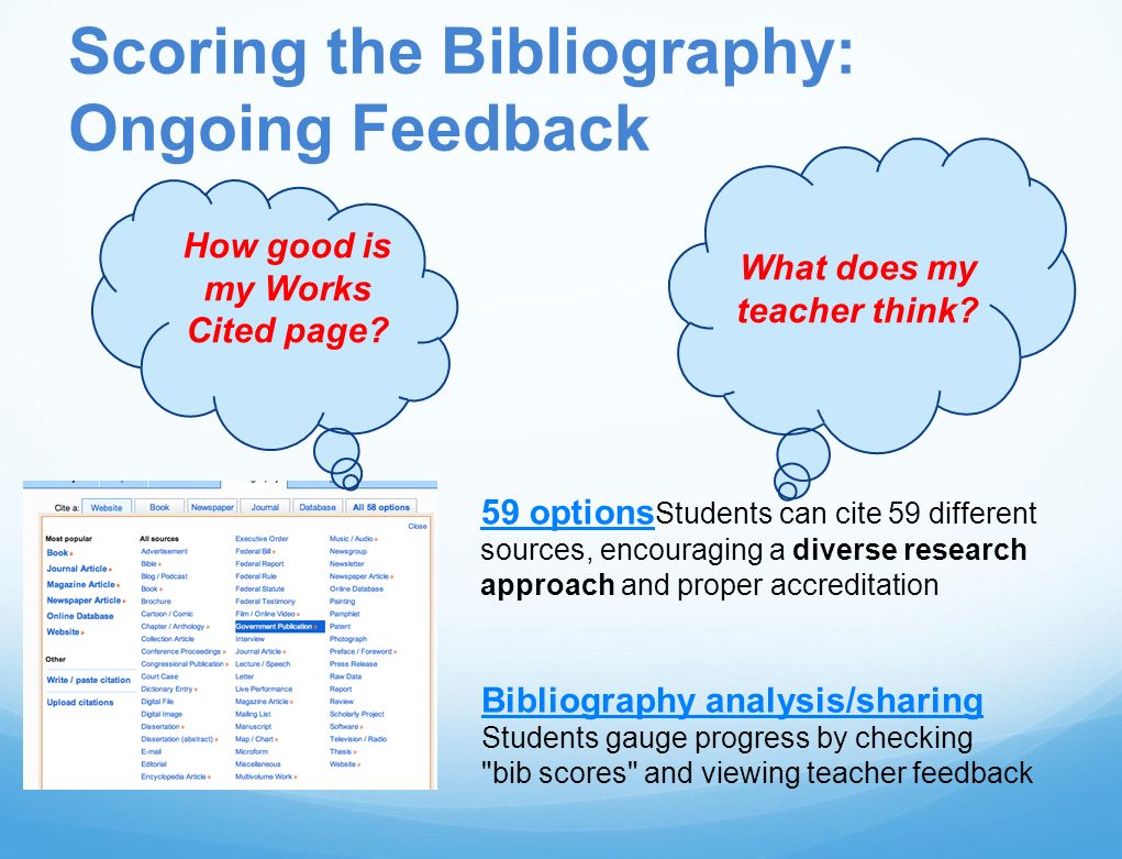 Scoring the Bibliography: Ongoing Feedback 59 options 59 options Students can cite 59 different sources, encouraging a diverse research approach and proper accreditation Bibliography analysis/sharing Bibliography analysis/sharing Students gauge progress by checking bib scores and viewing teacher feedback What does my teacher think.