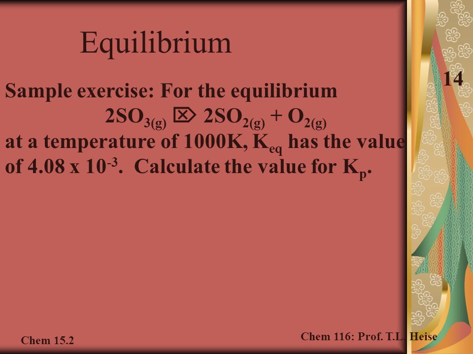 Sample exercise: For the equilibrium 2SO 3(g)  2SO 2(g) + O 2(g) at a temperature of 1000K, K eq has the value of 4.08 x