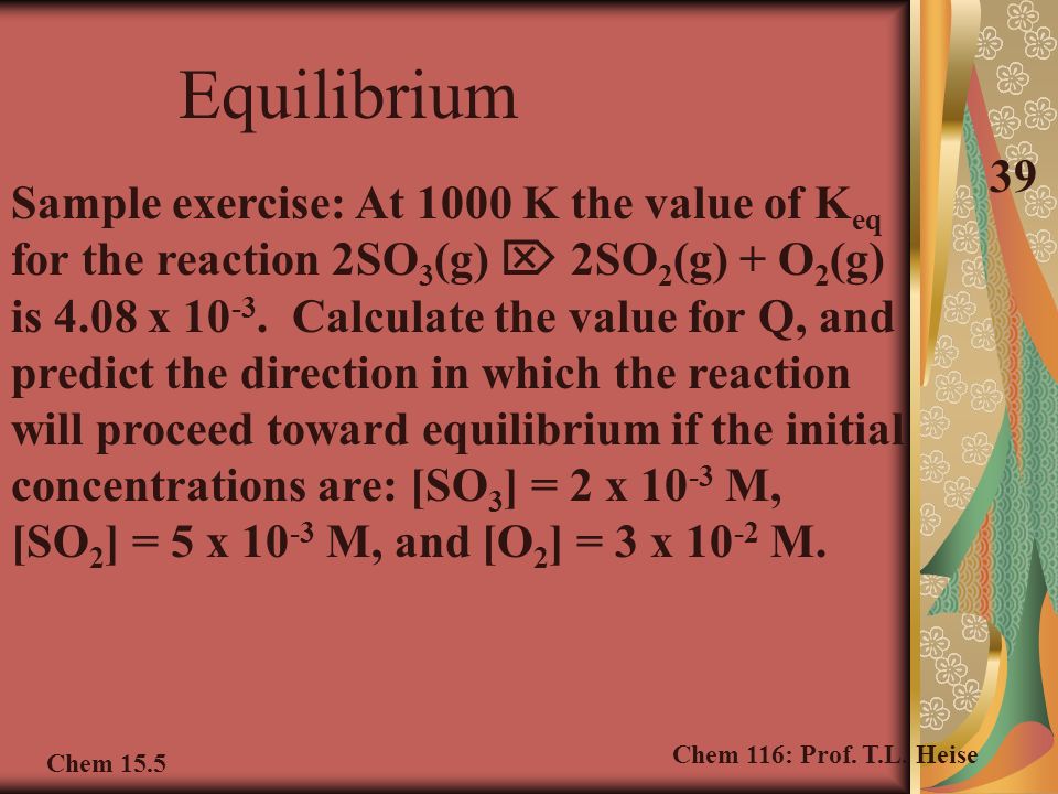 Sample exercise: At 1000 K the value of K eq for the reaction 2SO 3 (g)  2SO 2 (g) + O 2 (g) is 4.08 x