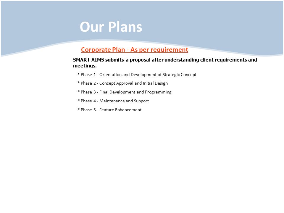 Our Plans Corporate Plan - As per requirement SMART AIMS submits a proposal after understanding client requirements and meetings.