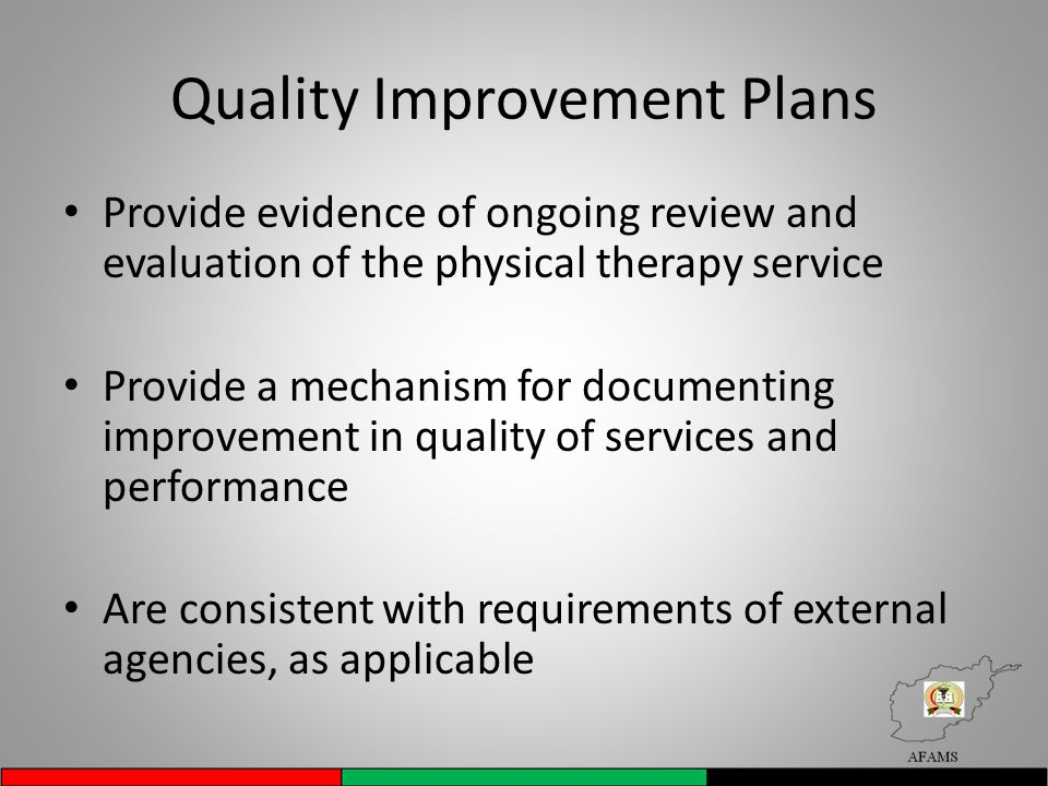 Quality Improvement Plans Provide evidence of ongoing review and evaluation of the physical therapy service Provide a mechanism for documenting improvement in quality of services and performance Are consistent with requirements of external agencies, as applicable