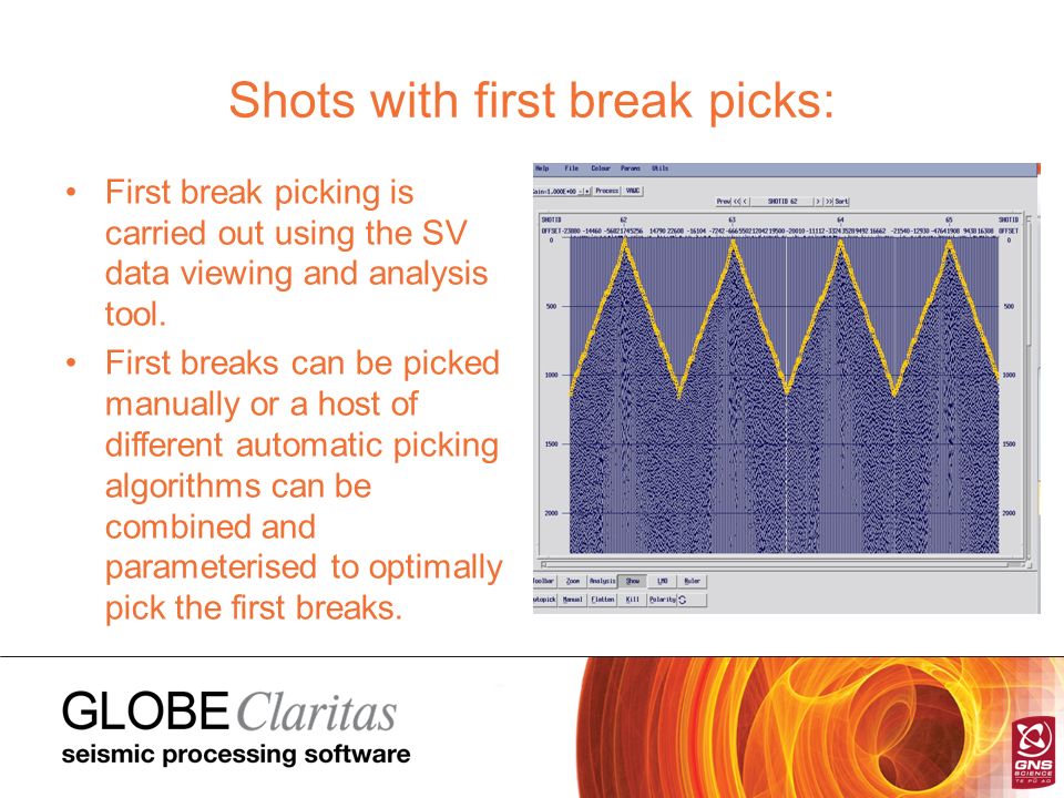 Shots with first break picks: First break picking is carried out using the SV data viewing and analysis tool.