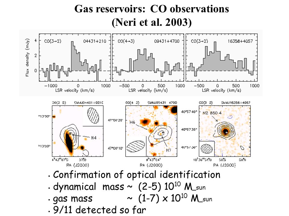  Confirmation of optical identification  dynamical mass ~ (2-5) M _sun  gas mass ~ (1-7) x M _sun  9/11 detected so far Gas reservoirs: CO observations (Neri et al.