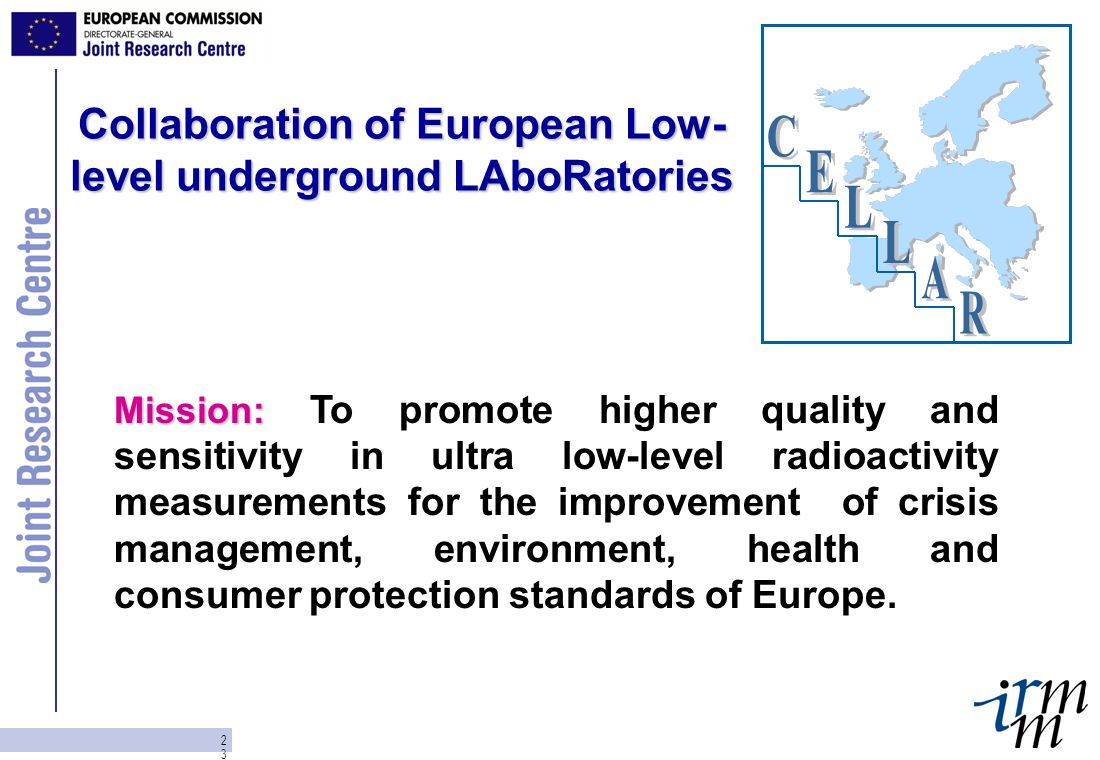23 Collaboration of European Low- level underground LAboRatories Mission: Mission: To promote higher quality and sensitivity in ultra low-level radioactivity measurements for the improvement of crisis management, environment, health and consumer protection standards of Europe.