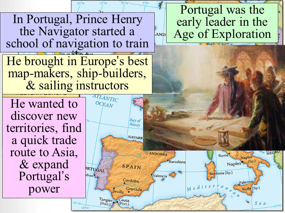 Portugal was the early leader in the Age of Exploration In Portugal, Prince Henry the Navigator started a school of navigation to train sailors He brought in Europe’s best map-makers, ship-builders, & sailing instructors He wanted to discover new territories, find a quick trade route to Asia, & expand Portugal’s power