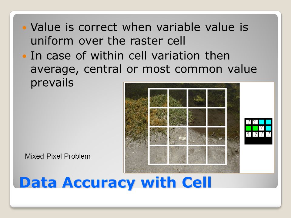 Data Accuracy with Cell Value is correct when variable value is uniform over the raster cell In case of within cell variation then average, central or most common value prevails Mixed Pixel Problem