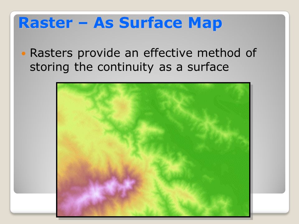 Raster – As Surface Map Rasters provide an effective method of storing the continuity as a surface