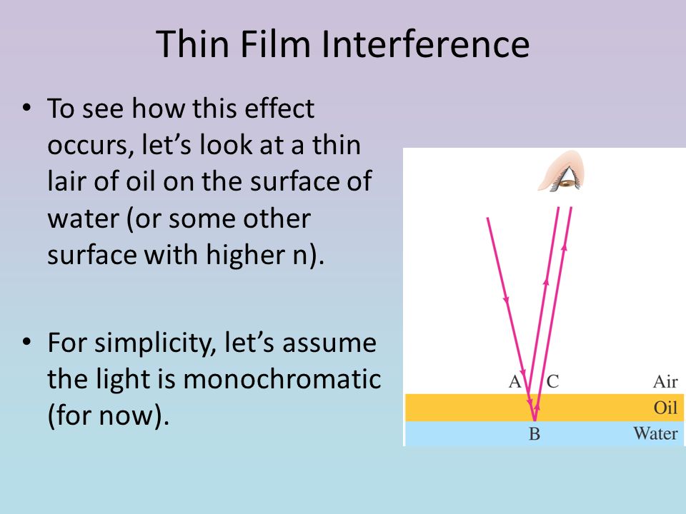 Thin Film Interference To see how this effect occurs, let’s look at a thin lair of oil on the surface of water (or some other surface with higher n).