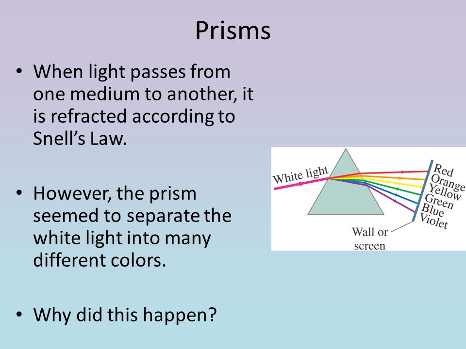 Prisms When light passes from one medium to another, it is refracted according to Snell’s Law.