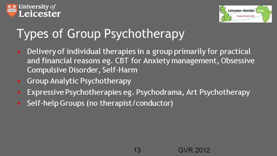 Types of Group Psychotherapy Delivery of individual therapies in a group primarily for practical and financial reasons eg.