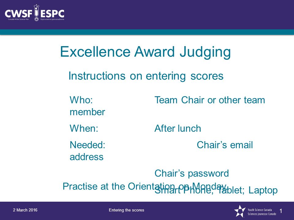 1 Entering the scores 2 March 2016 Excellence Award Judging Practise at the Orientation on Monday.