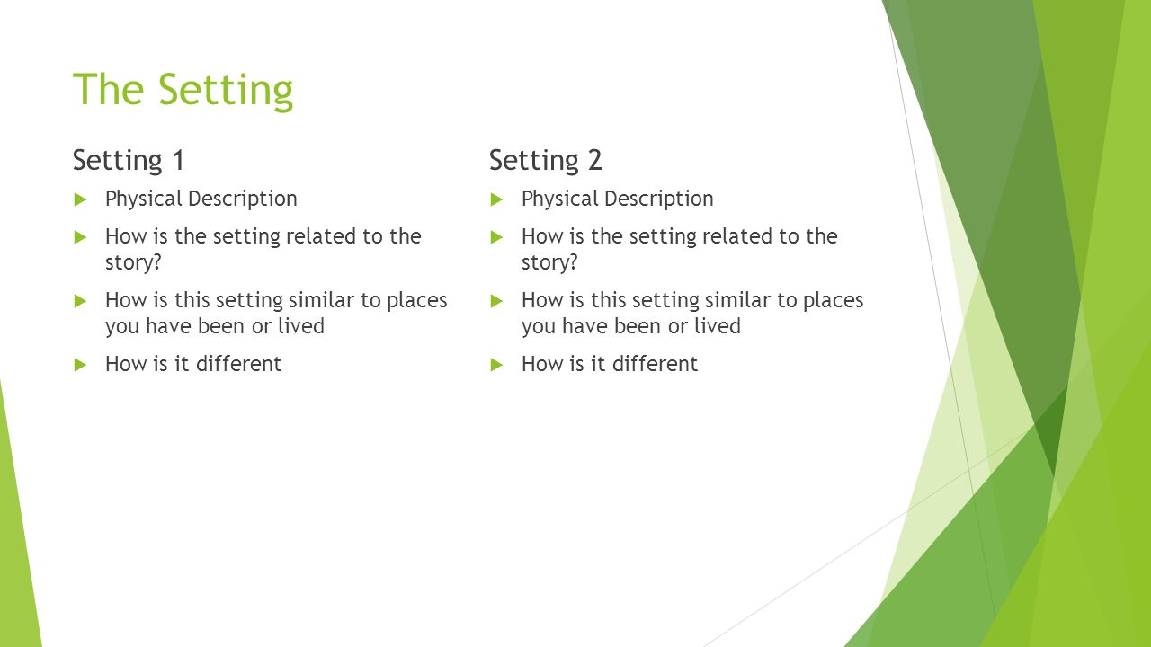 The Setting Setting 1  Physical Description  How is the setting related to the story.