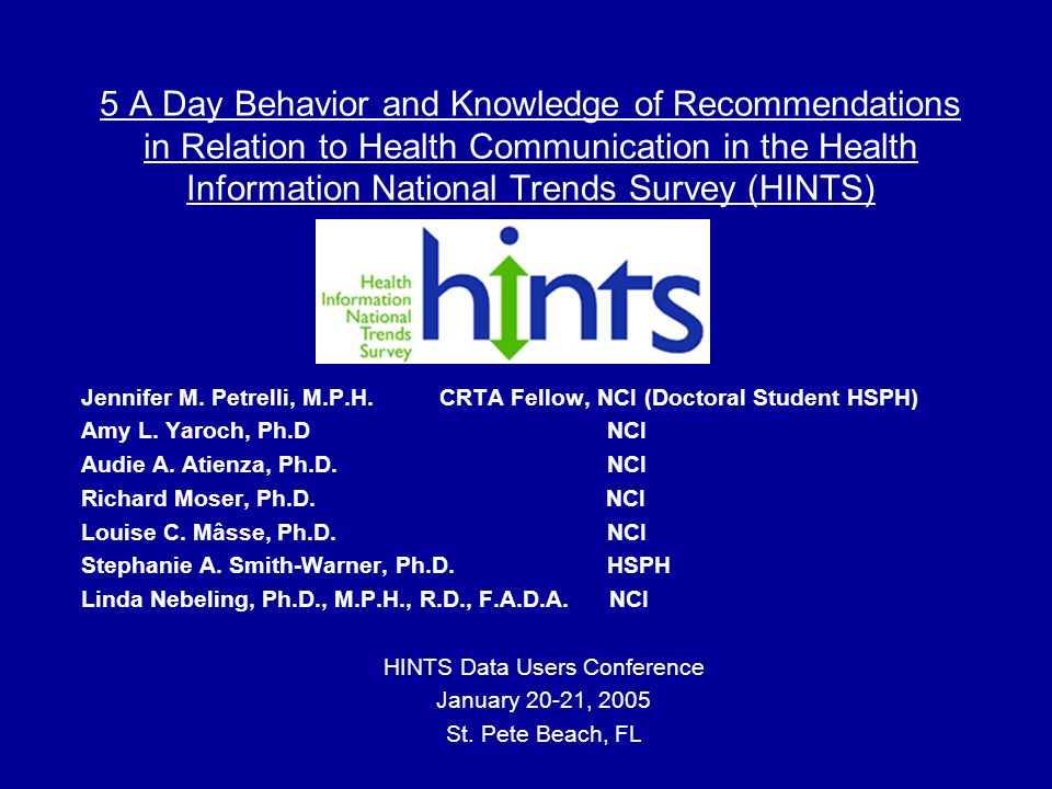 5 A Day Behavior and Knowledge of Recommendations in Relation to Health Communication in the Health Information National Trends Survey (HINTS) Jennifer M.